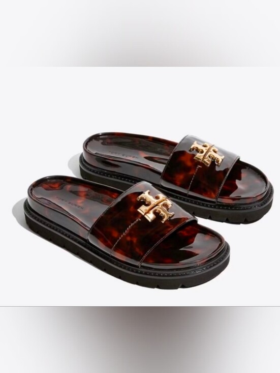 Tory Burch Shoes - Tory Burch Everly Anatomic Lug Slide Sandals Tortoise Shell Leather Brown Size 7